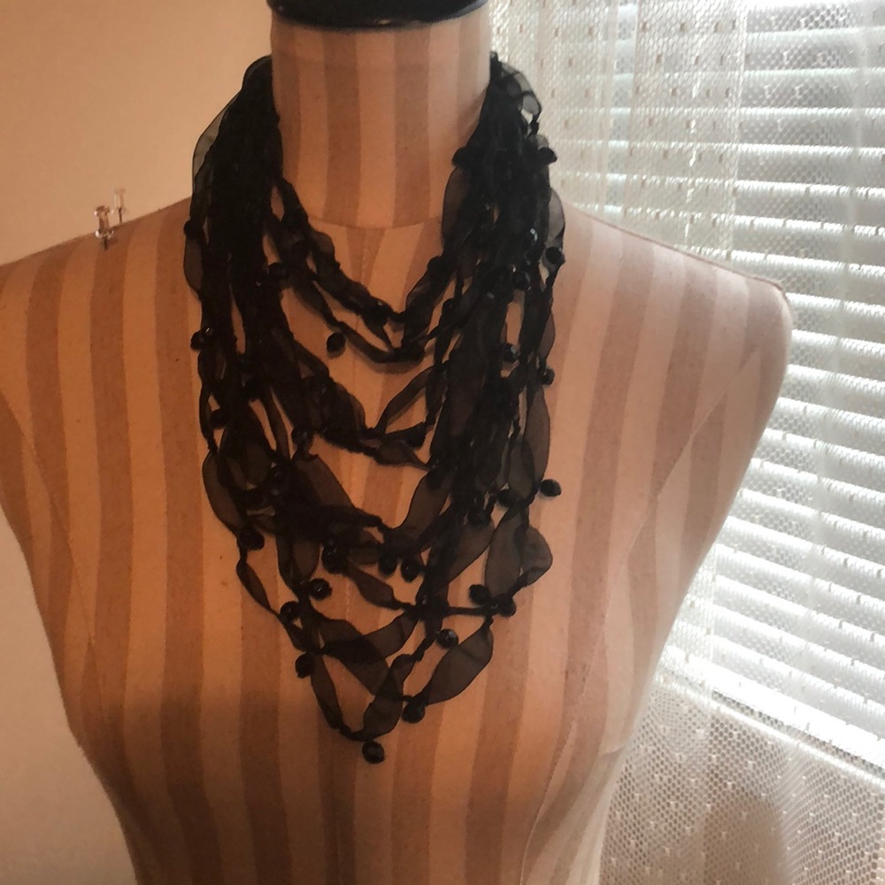Black on black multi layer ribbon & bead necklace